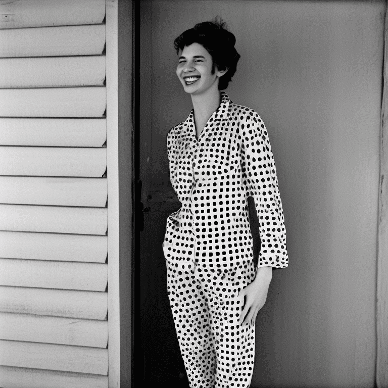 Full body rendering of a pretty woman wearing old-fashioned polkadot pajamas, smiling slightly, daytime, deep photography, ilford hp5 film, b&w, crushed blacks, depth of field, dark photo, film grain, shadows, natural light