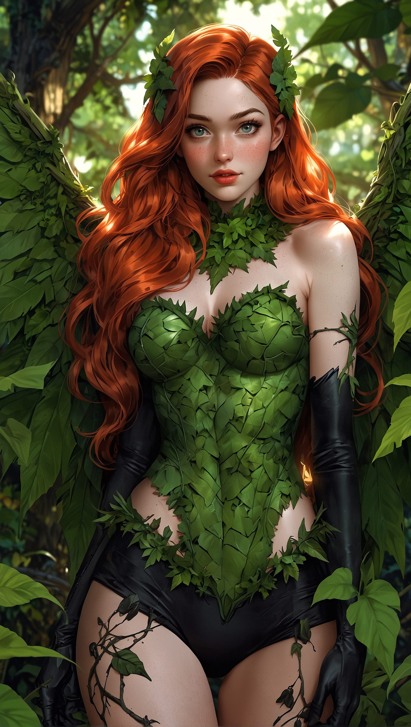 Ultra detailed photo shot of a woman (jia lissa) dressed as poison ivy, with wings made of ((grassy-leaves) ) biophilic design, floral, biopunk, highly detailed, photorealistic, 32k, sunlit, sunlighting, batman: arkham asylum, the last of us, neil gaiman, dc comics, completely covered in a safe for work ((traditionally fashion) )