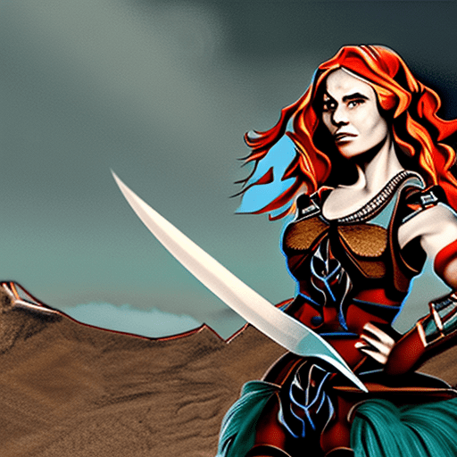 A fierce warrior woman with fiery red hair, metal armor, and a tattered teal skirt, holding an axe and a sword, displaying detailed muscle definition, scars, and leaf-like tattoos, depicted in a vibrant, painterly style with a focus color palette of steel greys, warm browns, and earthy tans; in a landscape setting with mountains in the background, in the style of a fantasy illustration or comic book art.