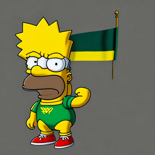 A 3d character inspired by the simpsons, with an iranian twist. The character has the iconic yellow skin and exaggerated features of the simpsons style, but is wearing a heroic outfit in the colors of the iranian flag—green, white, and red. The iranian flag emblem is prominently displayed on the character's chest, giving a powerful and patriotic vibe. The character has a muscular build, standing confidently with a fierce expression, exuding strength and pride. The background features subtle persian-inspired patterns, adding to the unique and bold look.