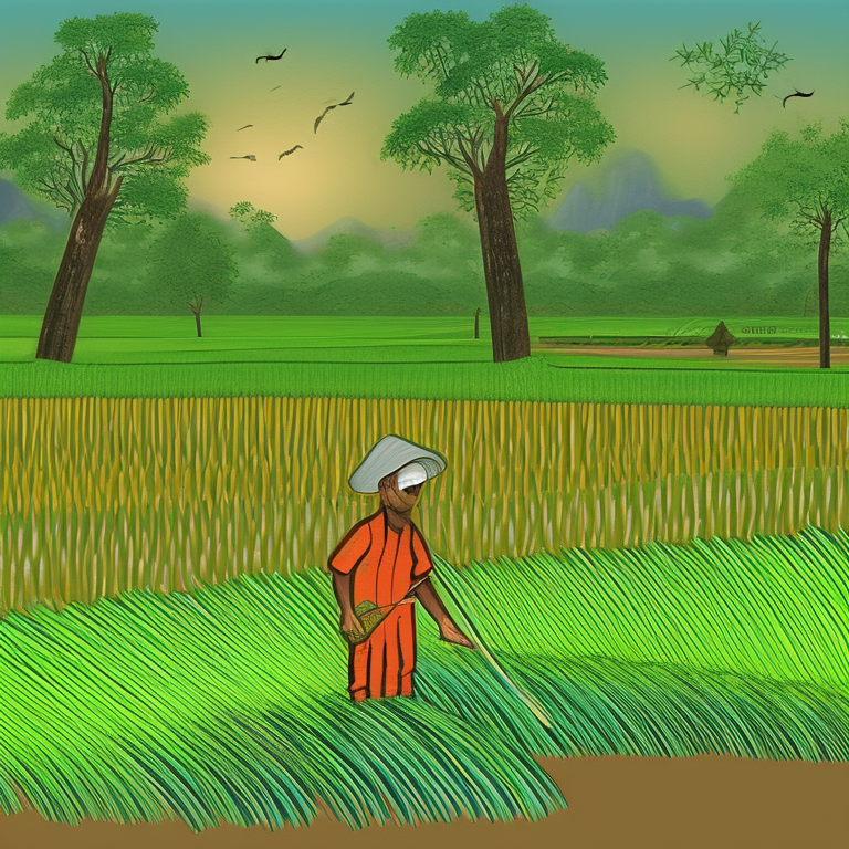 Landscape illustration, a farmer tending to his rice field, agriculture book, khmer art, set against lush greenery and the rural landscape --v 5. 2 --ar 2:3 --style raw