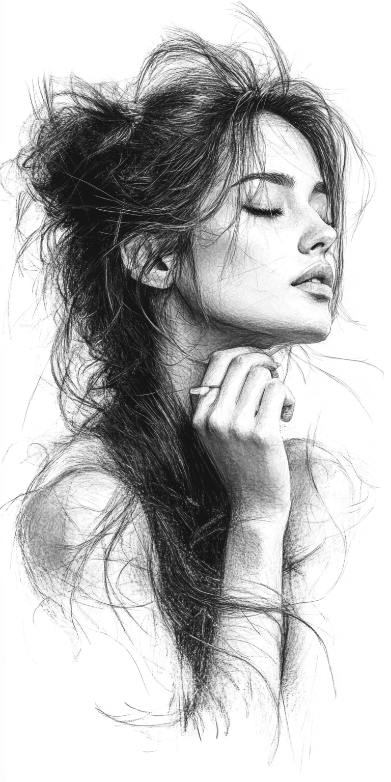 Drawing of a woman, in the style of video montages, nature-inspired art nouveau, soft-focus, i can't believe how beautiful this is, minimalist sketches, curves, free brushwork --ar 1:2 --personalize yruxpc2 --stylize 750 --v 6. 1