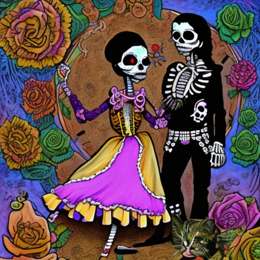 Day of the dead dancing katrina with mariachi skeleton band undead kittens and cats cemetery dark horror tomb