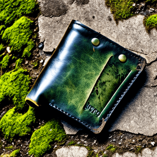 An open abandoned worn leather wallet lying against a mossy pavement crack. Style: goth