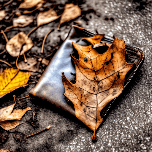 Dry dusty leaves under an open abandoned leather wallet lying against a pavement tree root. Style: goth