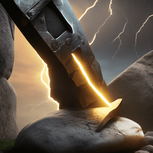 Photo of a ultra realistic axe stuck in stone and lightning coming out of stone, dramatic light, cinematic lighting, battered, low angle, trending on artstation, 4k, hyper realistic, focused, extreme details, unreal engine 5, cinematic, masterpiece