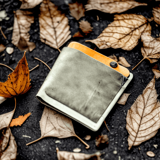 Dry dusty leaves in the pockets of an abandoned wallet lying on the ground style: goth