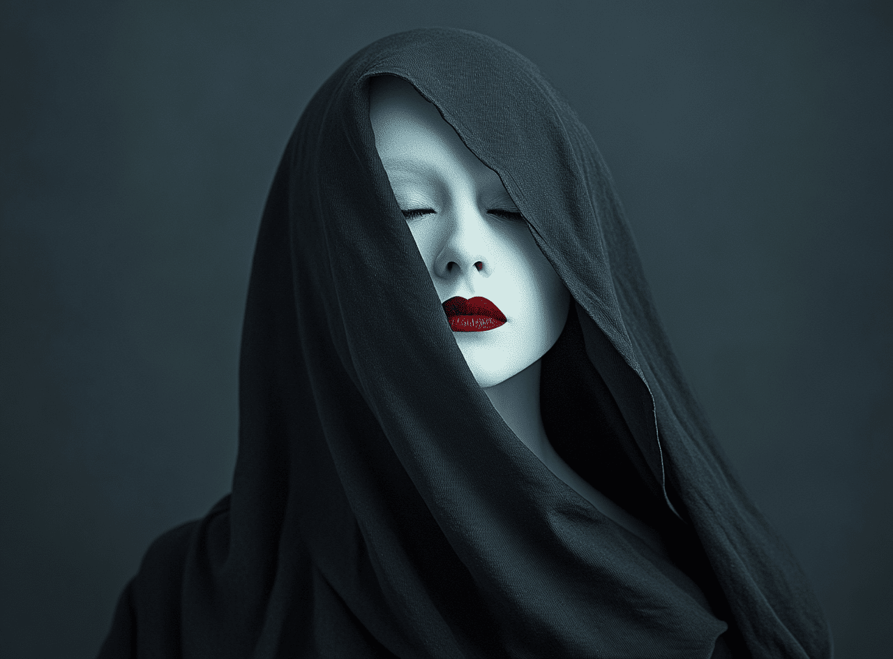 A mysterious woman with white porcelain-like makeup, red lipstick, and a black hooded cloak. The background is dark gray. Her face is partially covered by the fabric of her cape, which covers half of her head. The image has dark violet tones, high contrast, soft lighting, low exposure, and appears to be a studio photography shot on a hasselblad h6d-400c multi-shot camera. --ar 56:41 --v 6. 1