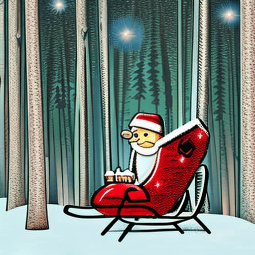 Empty santa sleigh, left alone boot, snowy forest, retro comic style