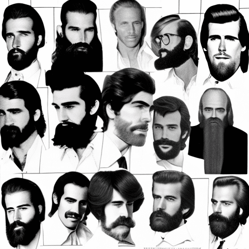 A grid of mens hairstyles from the 1970s, from long and voluminous to short with sideburns or full beards, presented in black and white photos. Styles include those in the style of popular artists from that era. All of them holiding sim card --ar 38:55 --v 5. 2