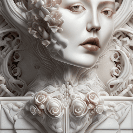 A woman made out of porcelain, in the style of balanced symmetry, white and rose, detailed facial features, organic forms, meticulous portraiture, complex patterns --ar 1:2 --stylize 350 --c 2 --v 6. 0