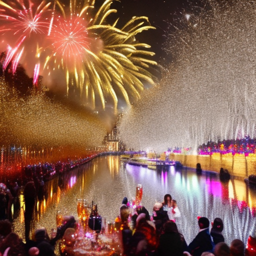 New year's eve in italy, a vibrant outdoor celebration filled with energy and glamour. People dressed in flashy sequin and paillette-covered outfits raise glasses of prosecco, spumante, and champagne in a joyful toast under a dazzling display of colorful fireworks. The scene is alive with golden and silver reflections from the sparkling dresses and glittering lights, set against the backdrop of a charming italian colosseum. Warm, festive lighting and a lively crowd create an atmosphere of luxury and excitement, capturing the essence of a glamorous italian new year's eve. Glasses are above the heads of people