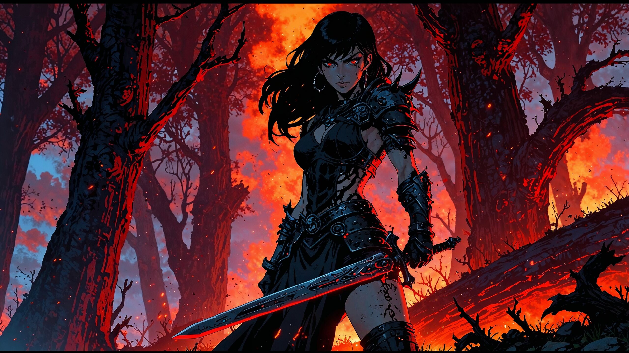 Create a highly detailed image of a fierce female warrior inspired by diablo iv. She wears spiked, dark armor with glowing runes, wielding a massive, jagged sword. Her pale skin contrasts with glowing red eyes and flowing black hair. Behind her is a desolate, hellish landscape with broken ruins, lava rivers, and twisted trees. Shadows and spirits swirl around her, enhancing her menacing aura in a dark, gothic world filled with ash and fire. 4k, cinematic light, gothic, terror