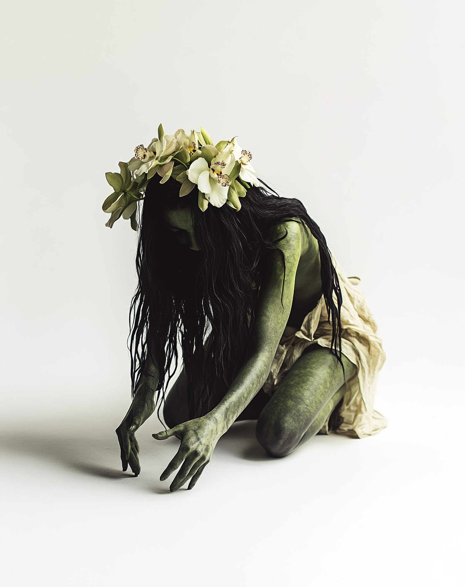 A photograph depicting a simple scene of a green-skinned woman with long black hair and orchid flowers on her head, crouching down to pick up something from the ground. The photograph shows the full body of the figure. --ar 101:128 --s 50 --v 6. 1