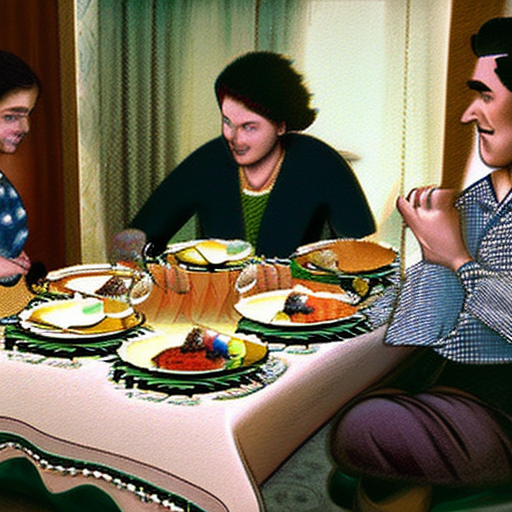 A family around a dinner table a family is sitting around a traditional dinner table in a small apartment; a simple table with persian food, traditional carpets in the background, and a small tv in the corner of the room. A warm and friendly atmosphere that reminds of sweet family memories.