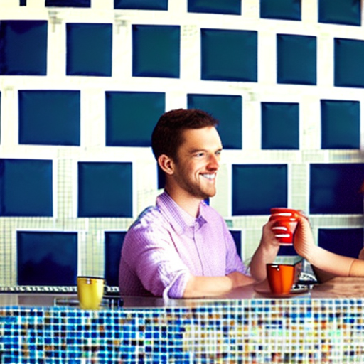 A man and a woman are drinking coffee in a coffee shop, the background of the whole picture is filled with large mosaic tiles, full color, beautiful, cinematic, dramatic environment, highly coherent, sharp, light, complex, luminous, stunning, eye-catching, stunning, symmetrical, thoughtful, rich, vibrant, dreamy, iconic, highly colorful