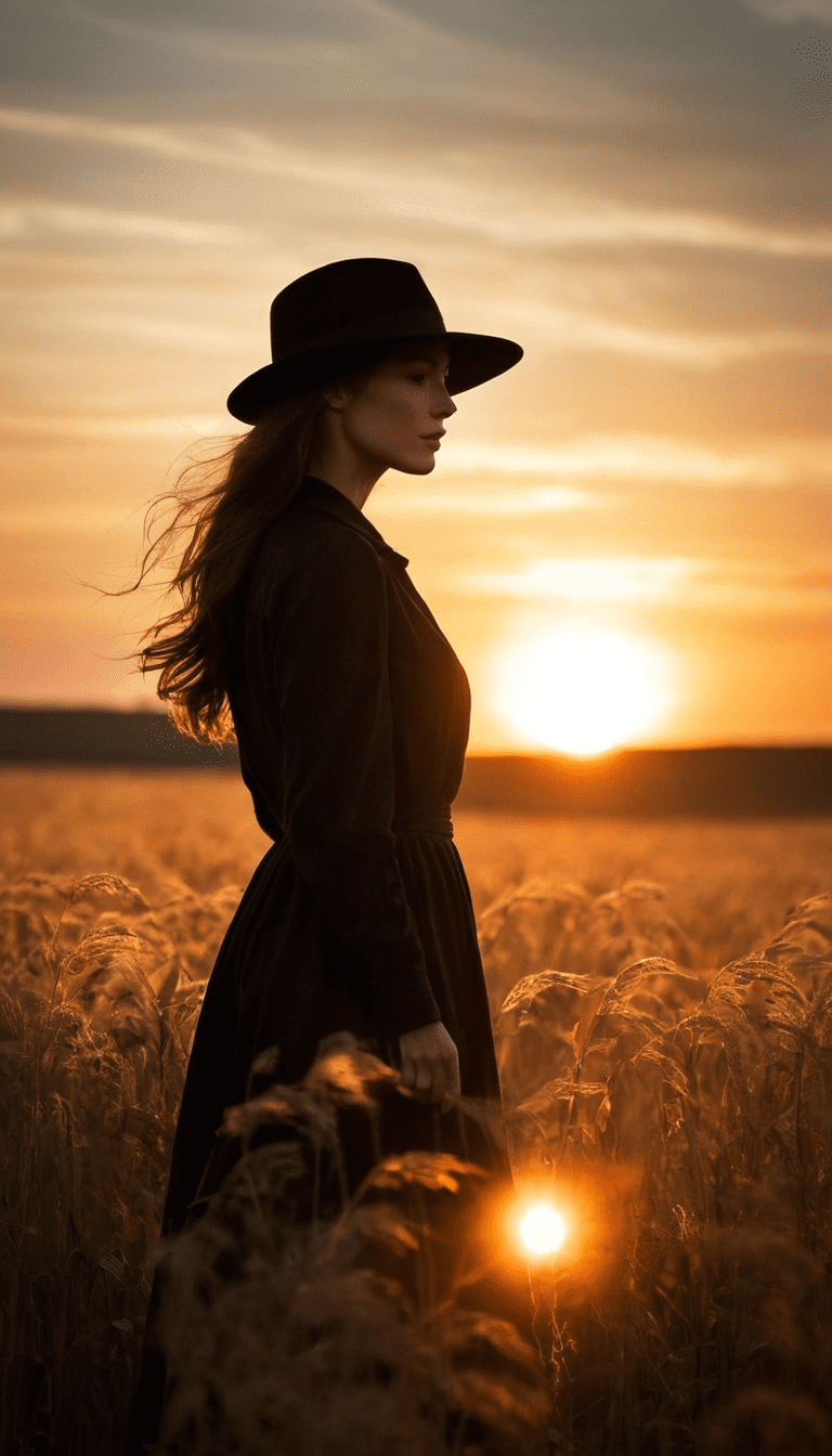A fashion editorial, silhouette of long haired woman in black hat standing in a field at sunset, highres, realistic photo, professional photography, cinematic angle, dynamic light back shining,