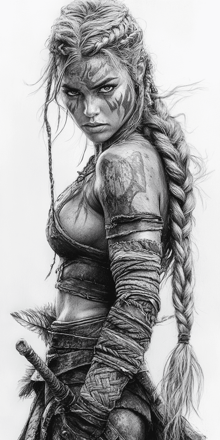 Black and white drawing of a viking warrior woman with braided hair, wearing war paint on her face, feathers in her long blonde braid, looking at the forward, white background, high contrast, low color palette, fantasy style, detailed --chaos 55 --ar 1:2 --personalize yruxpc2 --stylize 750 --v 6. 1