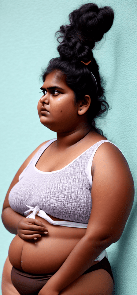 A head to knee side view photo of a plus-size, thick, chubby fat sri lankan woman of 26-year-old with dark brown skin. She has a top knot hair bun. She is wearing thigh-high socks and swimsuit. She is standing in a head to knee side view on a white background.