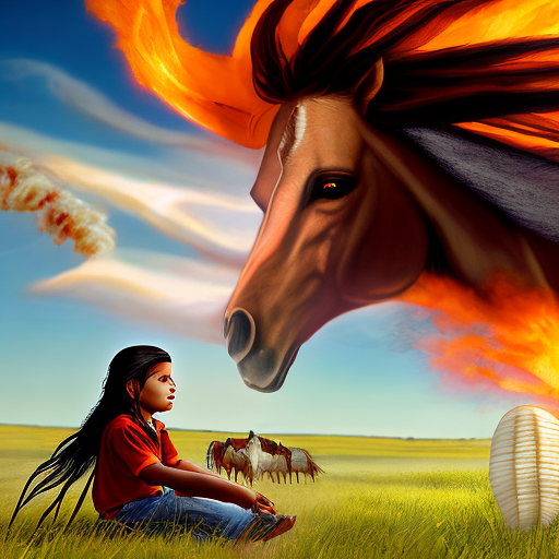 Photorealistic 4k photograph of a lone native american young boy with long flowing hair sitting on a horse, his expression stoic and unwavering. The horse is muscular and majestic, its mane blowing slightly in the wind. In the background, a fiery atomic mushroom cloud is rising in the sky.
