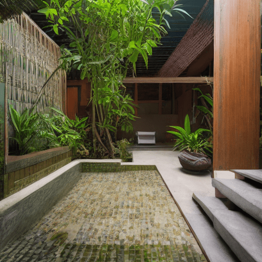 High resolution photography of modern enclosed lush balinese garden courtyard with outdoor shower small spa and dining area with smooth paving, a 40 year old beautiful redhead woman is showering, magazine, cozy atmosphere; 8k, intricate detail, photorealistic, realistic light, wide angle, kinkfolk photography, a+d architecture