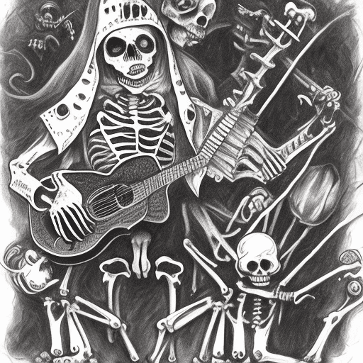 Horror dancing katrina with mariachi skeleton guitar band undead kittens cats cemetery dark horror tomb coffin