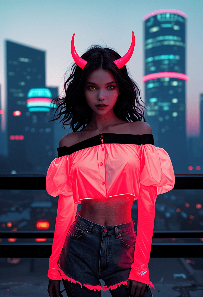 A stunning 1990s-inspired vintage photo of a mysterious horned girl [dark demonic girl sasha luss, dark hair, glowing eyes,smile puffy lips seductive mouth:0. 16] standing confidently in a futuristic cityscape. She wears an oversized off-shoulder (shirt with neon trim) revealing a small portion of her toned midriff. Her messy, intricate hair frames her shy yet alluring face, which is accentuated by her glowing eyes. The detailed background showcase