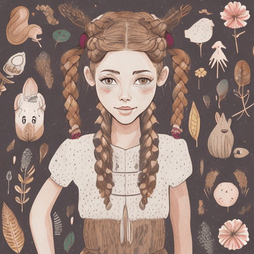 Watercolor style character little country girl with braids a white dress without a scarf, caucasian face, nose with a hump , woodland animals surrounding her in a thick line hand-drawn style, vector file, watercolor, rough, minimalism, front view, no background --s 50