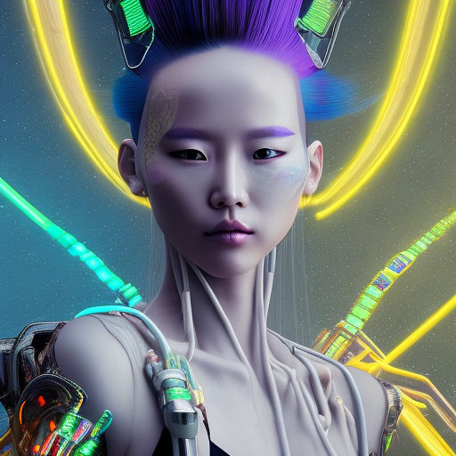A hyper-realistic, photorealistic full-body portrait of a cyberpunk geisha woman with vibrant, neon-orange hair styled in an undercut with intricate designs shaved into the scalp. She is clad in a sleek, dark purple, armored bodysuit with a green and yellow tattered cape hanging over her shoulders. Her left arm is fully mechanical, detailed with exposed wires, metallic plates, and joints that hint at advanced cybernetic technology. Tattoos and scars adorn her pale skin, telling stories of battles fought and won. She holds a futuristic weapon with a strong, confident grip, and her face shows a determined, fierce expression. The background is a dark, gritty, industrial setting, with dim neon lights casting moody shadows. , portrait photography, conceptual art, dark fantasy, architecture, fashion, cinematic, vibrant