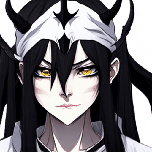 Androgynous character, portrait, black eyes, long hair, black hair, parted hair, demon horns, white skin, pale skin, black robe, claymore anime screencap