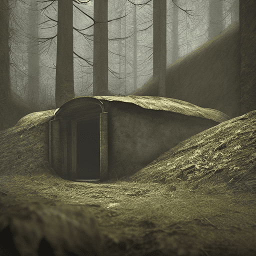 Abandoned ww2 german bunker in a dark forest. Dark and eerie atmosphere. Photorealistic and cinematic