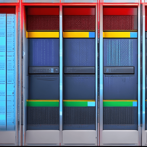 Enterprise server, a sleek, modern server rack, a small screen on the server displaying key performance metrics or a google ads dashboard, use google's color palette (blue, red, yellow, green) in various elements of the design, the overall style should be clean, precise