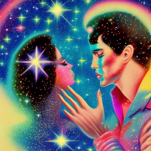 A authentic 70s airbrush illustration, two lips hands in space touching, between finger a big bang like explosion with glitter and colorful lightbeams, romantic, stars, light beams, cinematic light,