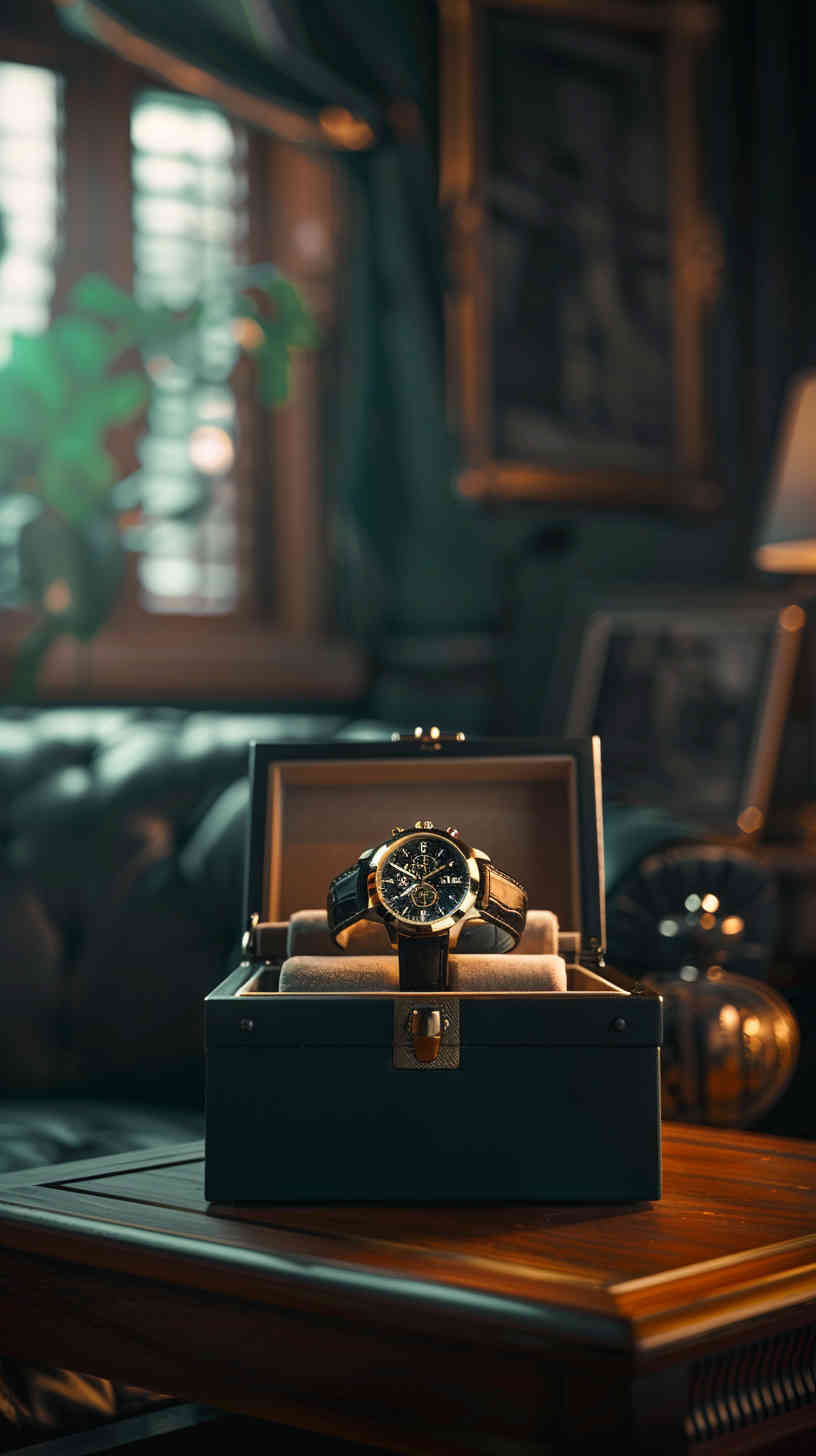 Photograph, productive view, premium watch presentation box, sony a7r iv with a fe 50mm f/1. 2 gm lens, solid dark cyan background, realism light setting, natural lighting, contrast --ar 9:16 --c 16 --v 6. 0