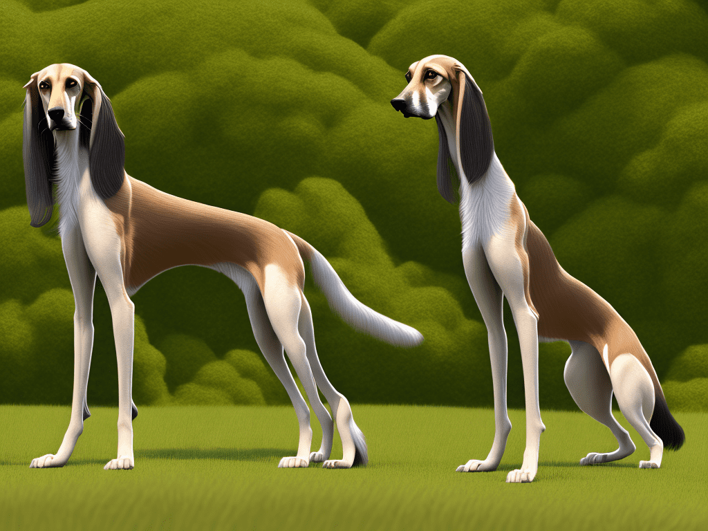 (elegant saluki) , full body view, standing pose, graceful posture, sleek coat, soft fur textures, regal demeanor, muted earthy tones, warm natural lighting, surrounding lush greenery in a tranquil setting, peaceful ambiance, high detail, ultra-detailed, 4k quality.