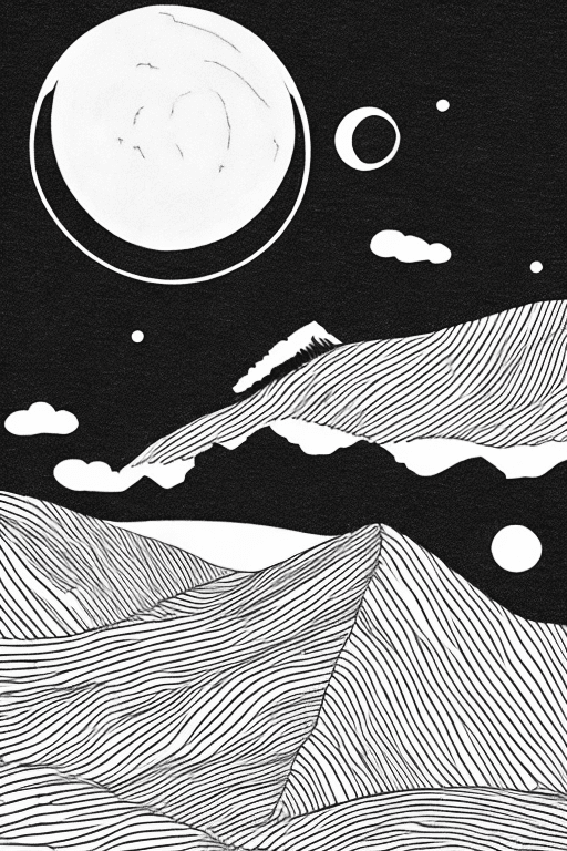 Landscape with moon, black lines white background, coloring page for beginners, simple, minimalist, white background, black lines