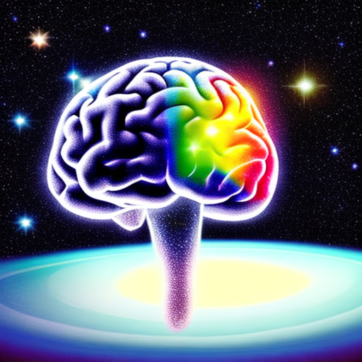 Foreground: brain on a shiny white floor. Background: galaxy in space