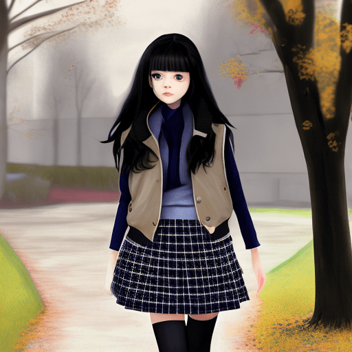 (masterpiece, best quality) , a cute 18 yo girl wearing a school uniform with vest sweater, coat and plaid mini skirt, curvy body, long black hair, soothing tones, muted colors, high contrast, high saturation (natural skin texture, hyperrealism, soft light, sharp) , walking at the school grounds