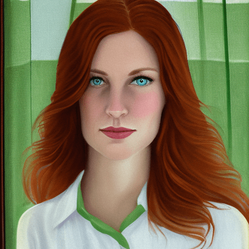 A woman in her mid-30s with striking features, standing by a large window in a sunlit room. The soft, natural light filters through sheer white curtains, casting delicate shadows on her face. She has medium-length wavy auburn hair that gently frames her face, with a few loose strands catching the light. Her deep-set green eyes reflect a serene yet contemplative expression. She is dressed in a casual but elegant outfit—a cream-colored silk blouse tucked into high-waisted, earth-tone trousers. In her hands, she holds a vintage hardcover book, slightly worn from use. Behind her, the room is tastefully decorated in a minimalist style, with wooden furniture, soft beige walls, and a potted plant in the corner. The light from the window bathes the scene in warm, golden tones, with subtle reflections on the wooden floor. The entire composition should feel peaceful, intimate, and realistic, with great attention to facial details, textures, and lighting