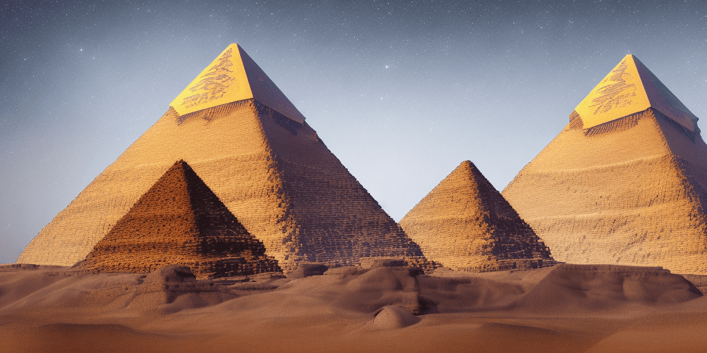 A beautiful render of an egyptian pyramid with golden light radiating from the top, centered in front is a man sitting on his knees meditating at its base, he has long hair and wears monk's robes, behind him is a view of nebulas at night. He sits facing forward. It’s dusk just before all is dark, there is mist over water around it. The style should be cinematic, with high contrast lighting and a dark background.