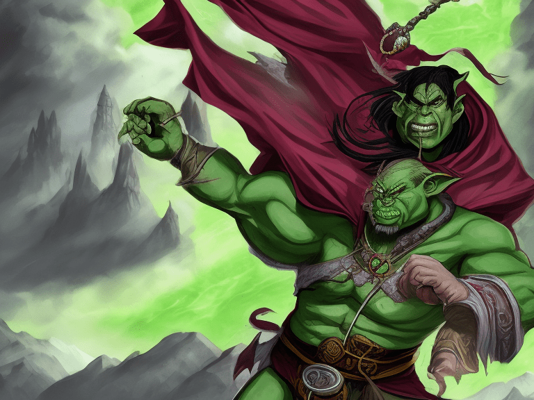 Dungeons and dragons in the style of fantasy adventure, majestic coloring --style raw --stylize 750. Green male orc wearing a maroon monk's robes, a necklace, and a belt each with a snail shell figure on them, black hair in a ponytail. Falling backward to a nighttime sky with clouds floating around, his hands are reaching out towards the camera and face with an expression of panic.