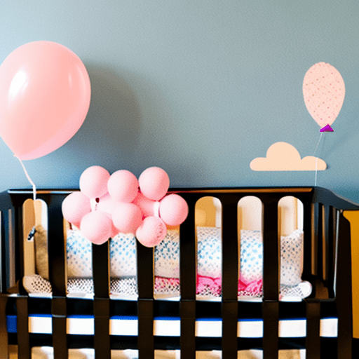 Create a image of a newborn in a super padded pink and blue crib with balloons around it with soft global light