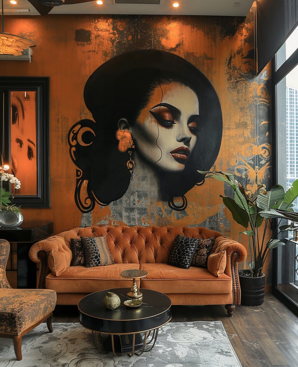 A living room with a painting with make up of catrina that looks very elegant, in the style of art nouveau, large-scale murals, dark amber and orange, urban fairy tale, romantic influences, symmetrical arrangement --s 750 --v 6. 0 --style raw --ar 35:43
