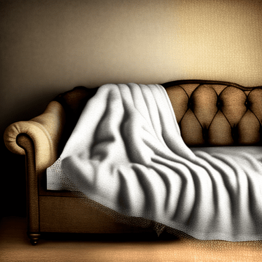 Dust sheet over a sofa in an old dimly lit 1800's english house. Style: photo realistic