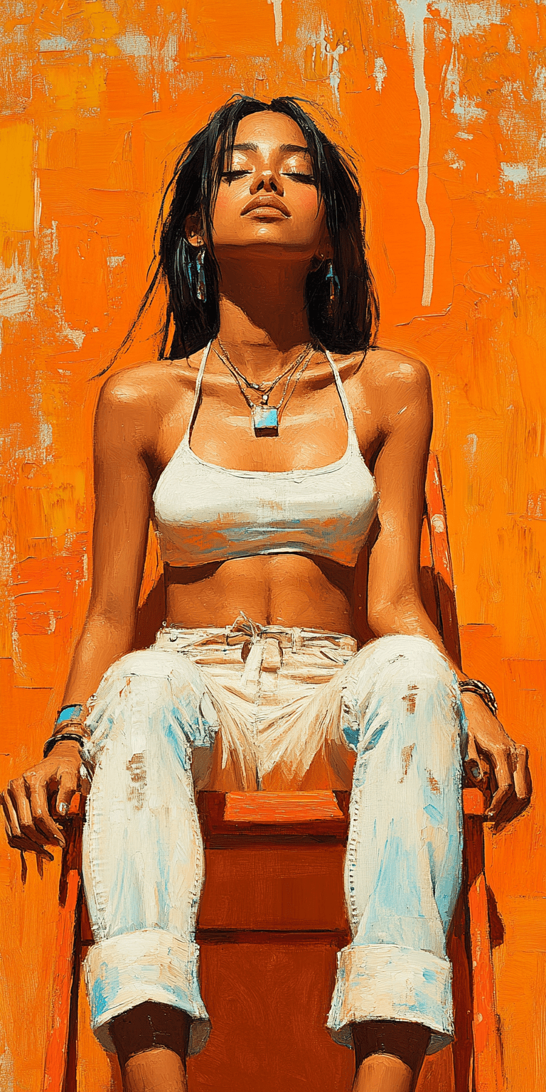Oil painting of woman sitting on an orange chair, wearing a white top and pants, against an orange background, with shadow play, from a low angle, in the style of ashley wood, with a minimalist composition featuring light blue tones --ar 1:2 --personalize yruxpc2 --stylize 750 --v 6. 1