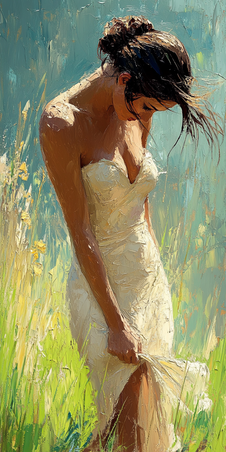 Impressionist painting of a woman wearing a dress, in the style of monet, graceful movements, disintegrated --ar 1:2 --personalize yruxpc2 --stylize 750 --v 6. 1