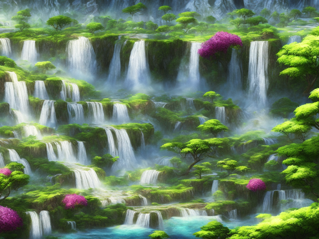 A high-quality uhd photo-realistic depiction of a stunning alien landscape on another planet, featuring waterfalls, lush greenery, beautiful flowering bushes, and trees, captured from a ground perspective.