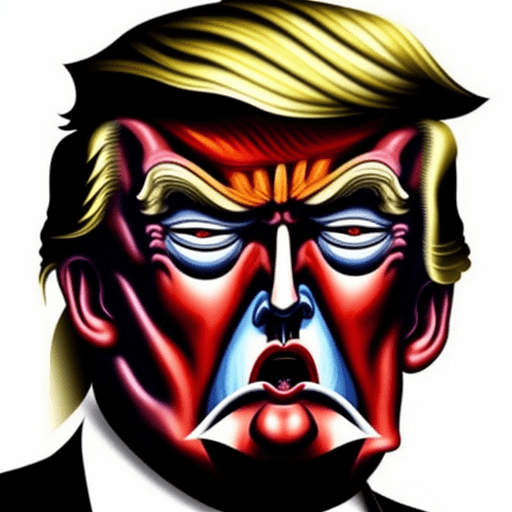 Image of donald trump with a vicious expression with his face stretched over the surface of a skull in the style of salvador dali's "the face of war"