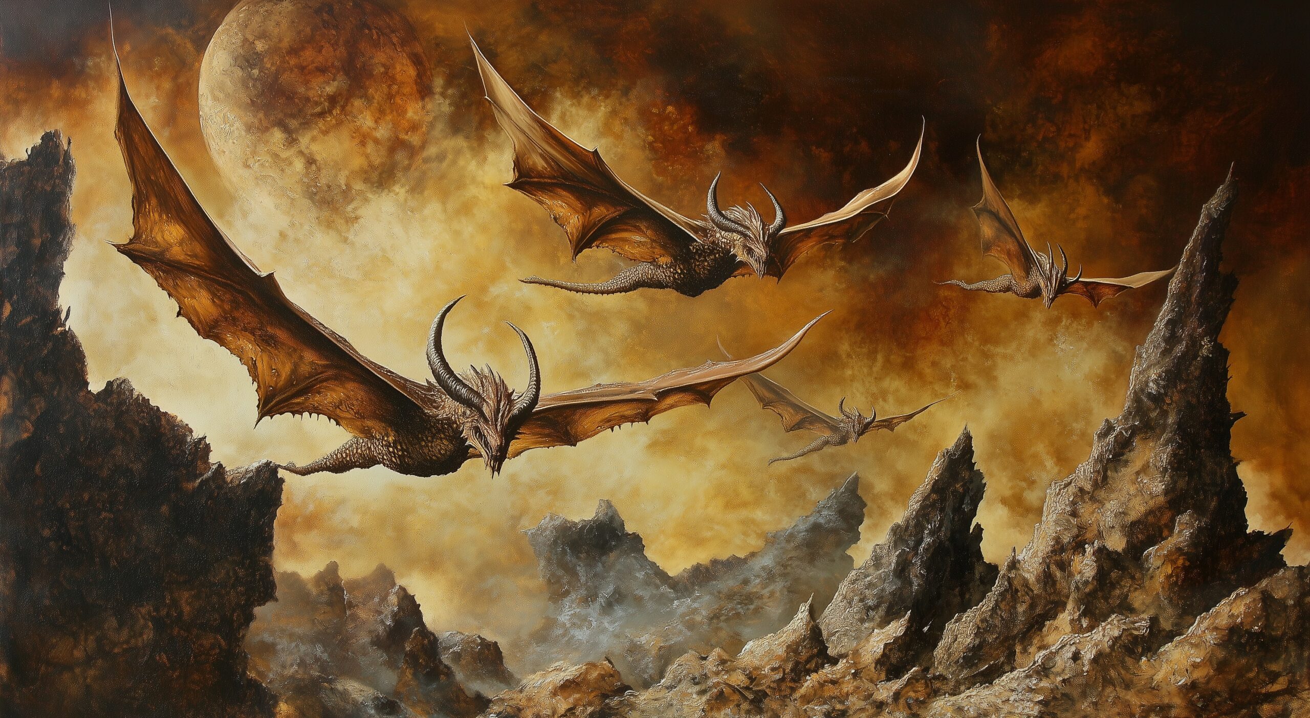 A group of brown dragonborn with horns flying over an alien landscape, fantasy painting in the style of john blanche and roger dean, surrealistic, in the style of moebius. --ar 64:35 --v 6. 1