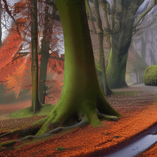 Dense fantasy forest, shafts of late aftenoon sunlight coming through the leaves of ancient trees, leaves and puddles on a muddy winding rutted track, one small partially visible ruined thatched cottage in the far distance on the left side, vivid autumnal colors